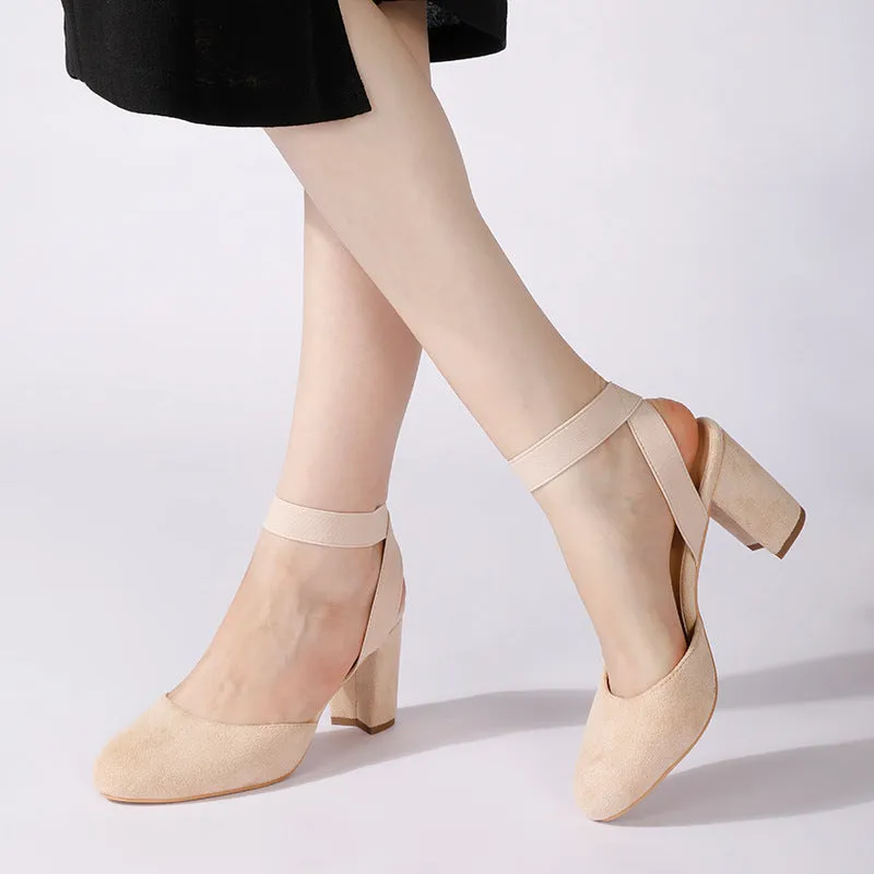 Nude Strappy Block Heels Women's Spring Chunky Heels