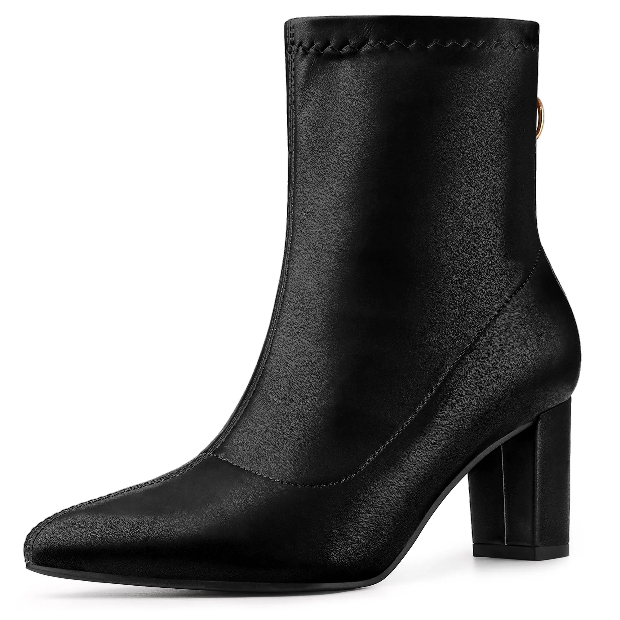 Pointy Toe Back Zip Block Heel Ankle Boots