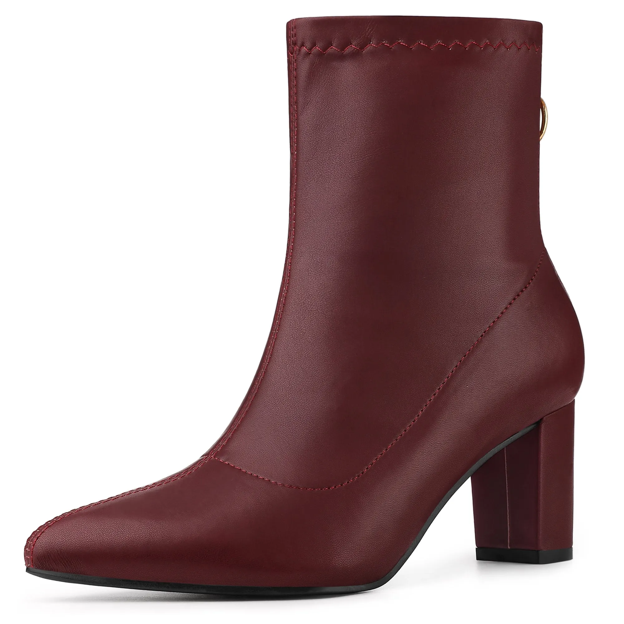 Pointy Toe Back Zip Block Heel Ankle Boots