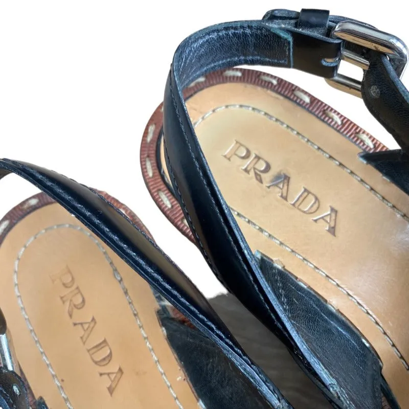 PRADA Black Crisscross Leather Slingback Flat Cork Wedge Sandals, Size 37