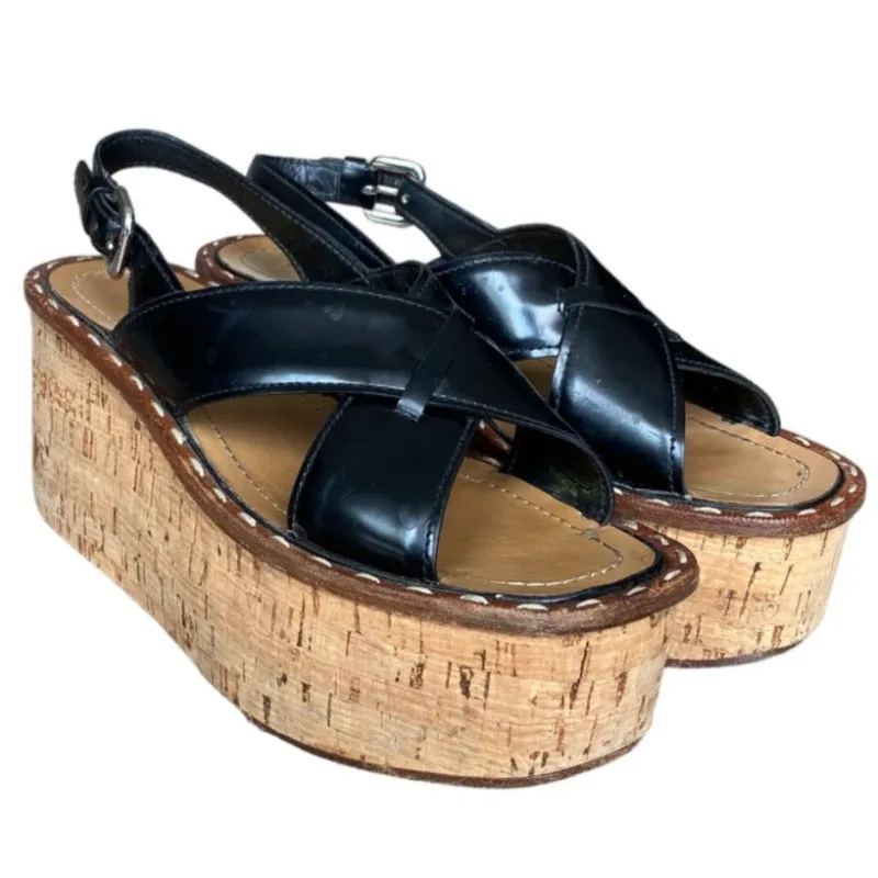 PRADA Black Crisscross Leather Slingback Flat Cork Wedge Sandals, Size 37