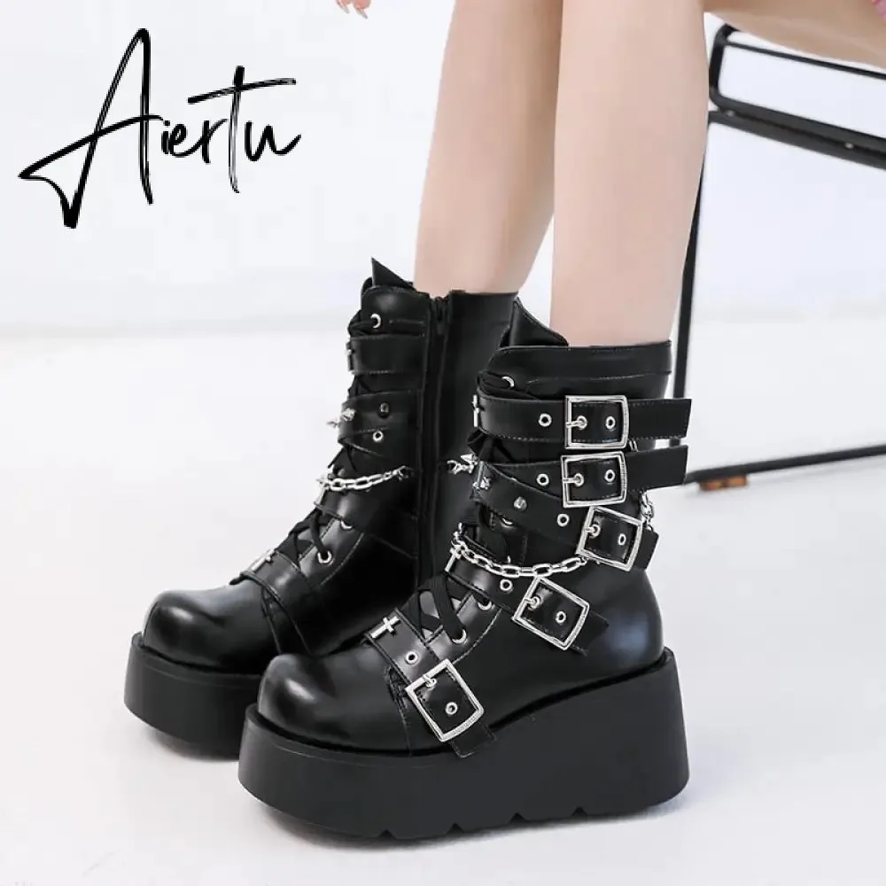 Punk Metal Buckle Platfom Ankle Boots Women Autumn PU Leather Chunky Heels Gothic Shoes Woman Thick Bottom Motorcycle Botas