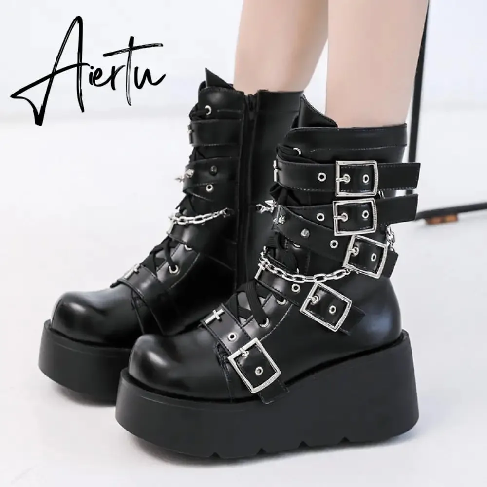 Punk Metal Buckle Platfom Ankle Boots Women Autumn PU Leather Chunky Heels Gothic Shoes Woman Thick Bottom Motorcycle Botas