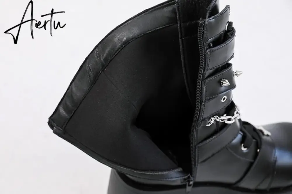 Punk Metal Buckle Platfom Ankle Boots Women Autumn PU Leather Chunky Heels Gothic Shoes Woman Thick Bottom Motorcycle Botas