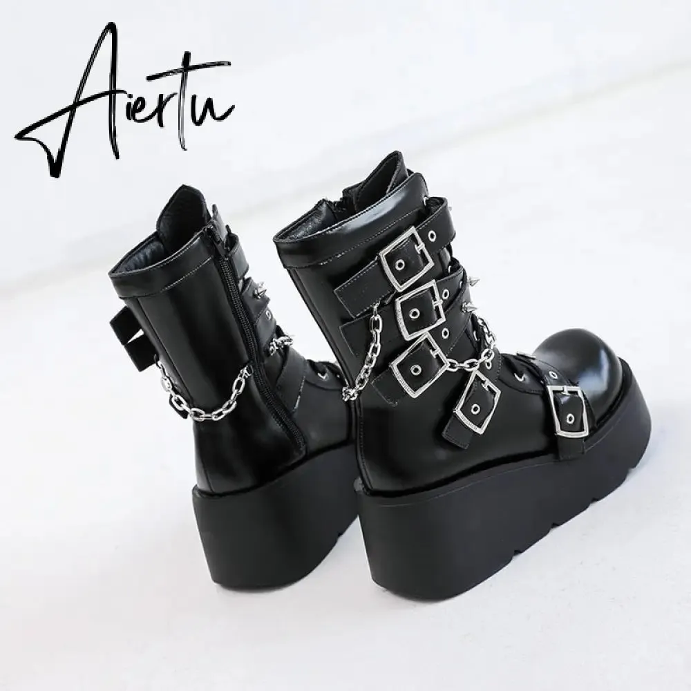 Punk Metal Buckle Platfom Ankle Boots Women Autumn PU Leather Chunky Heels Gothic Shoes Woman Thick Bottom Motorcycle Botas