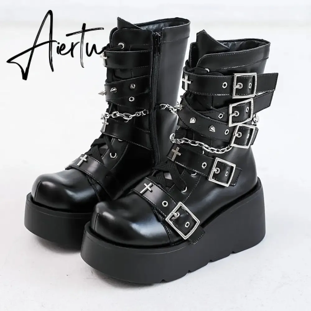 Punk Metal Buckle Platfom Ankle Boots Women Autumn PU Leather Chunky Heels Gothic Shoes Woman Thick Bottom Motorcycle Botas