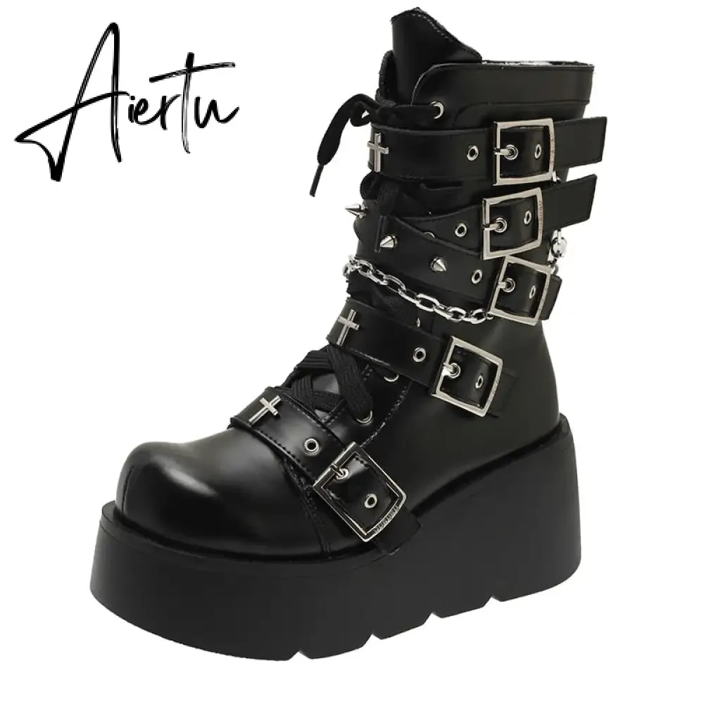 Punk Metal Buckle Platfom Ankle Boots Women Autumn PU Leather Chunky Heels Gothic Shoes Woman Thick Bottom Motorcycle Botas