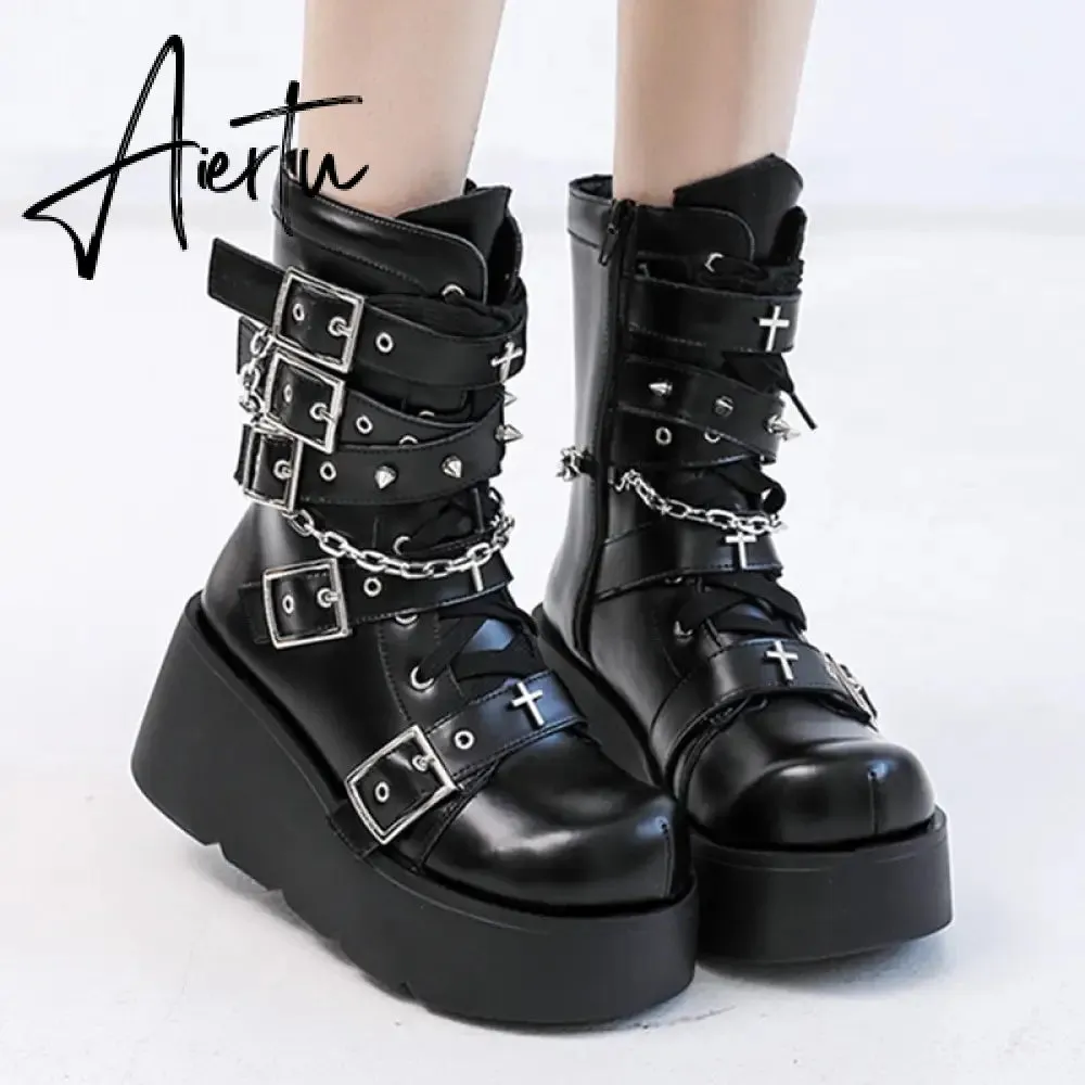 Punk Metal Buckle Platfom Ankle Boots Women Autumn PU Leather Chunky Heels Gothic Shoes Woman Thick Bottom Motorcycle Botas