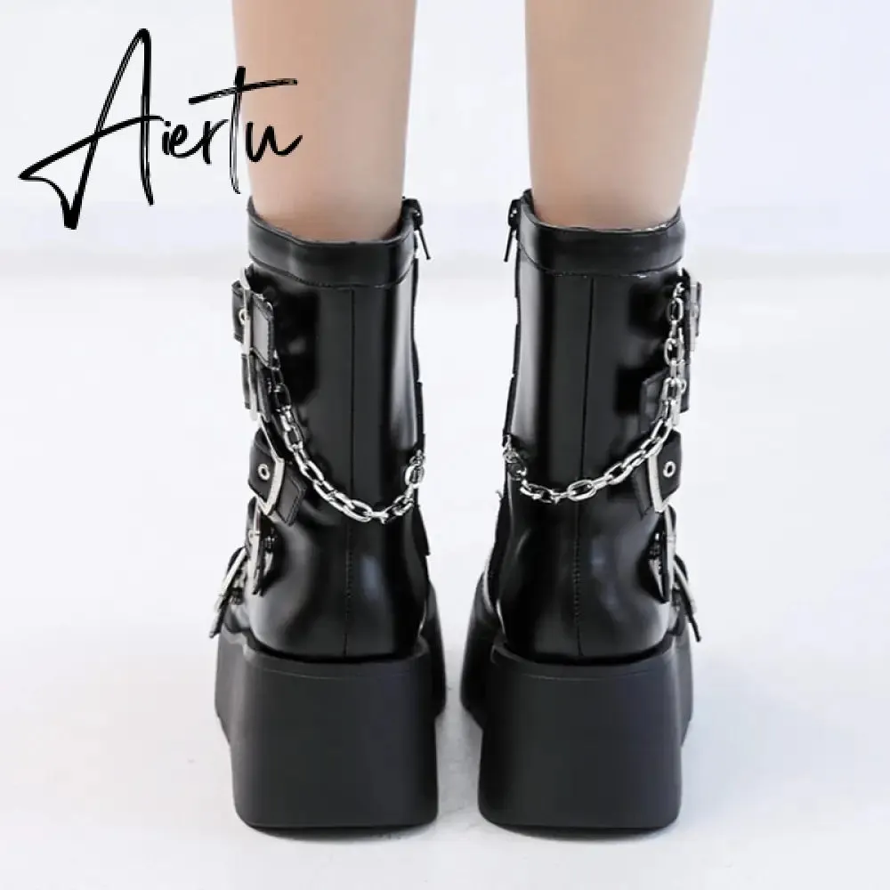 Punk Metal Buckle Platfom Ankle Boots Women Autumn PU Leather Chunky Heels Gothic Shoes Woman Thick Bottom Motorcycle Botas