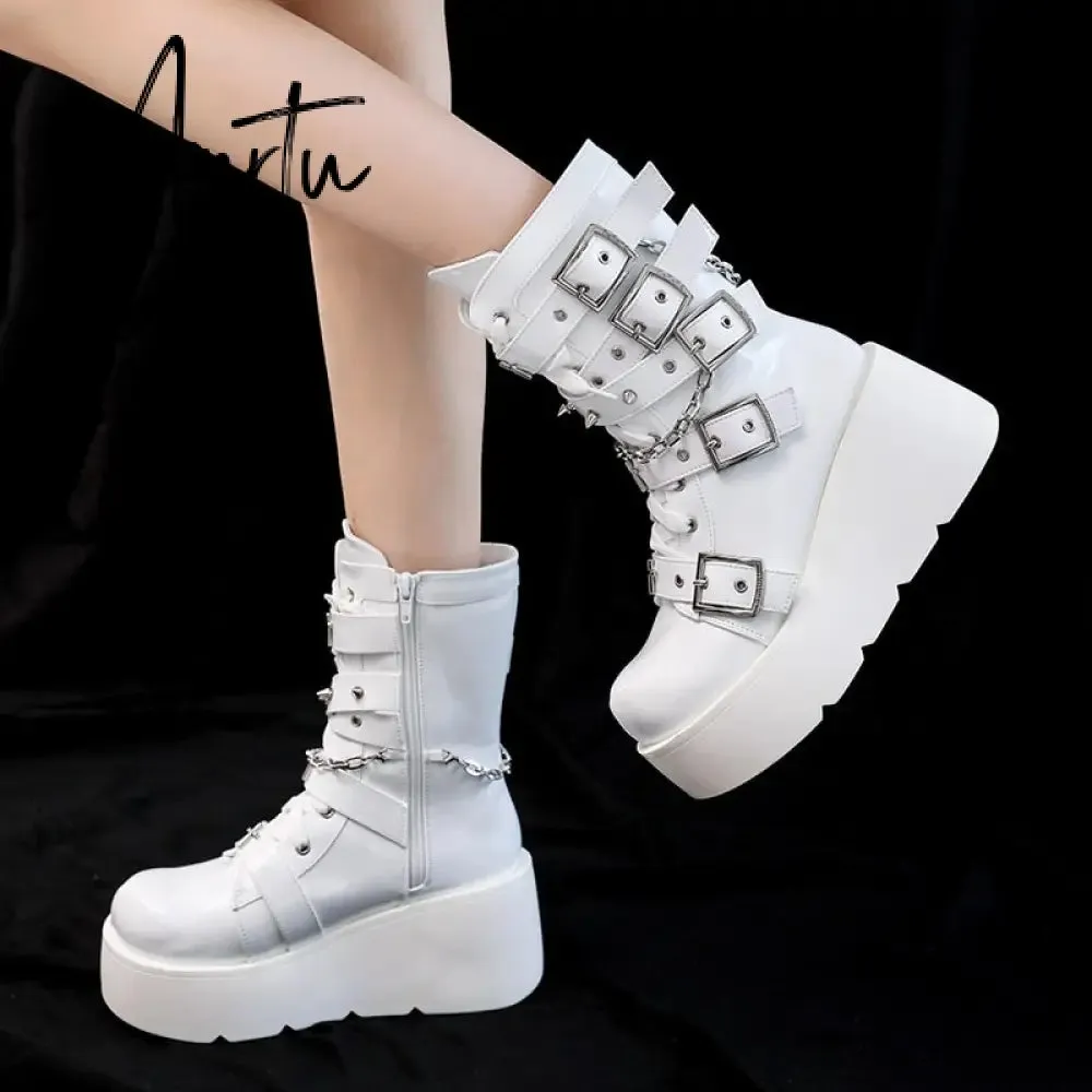 Punk Metal Buckle Platfom Ankle Boots Women Autumn PU Leather Chunky Heels Gothic Shoes Woman Thick Bottom Motorcycle Botas