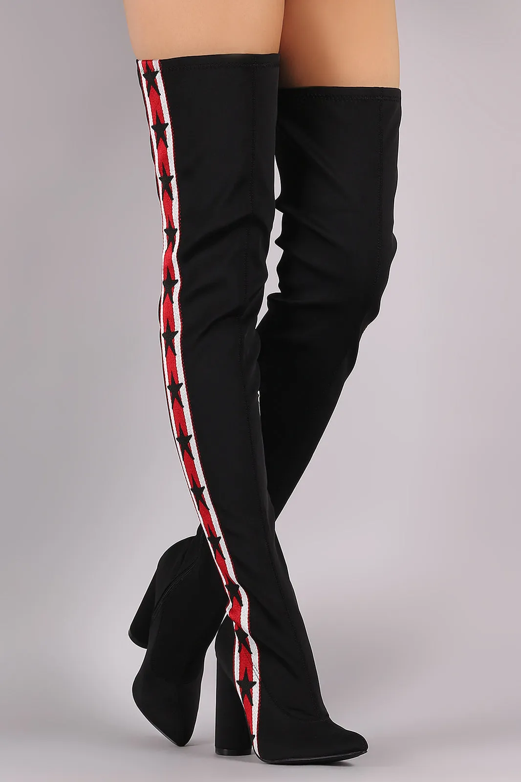 Side Stripe Pointy Toe Over-The-Knee Chunky Boots