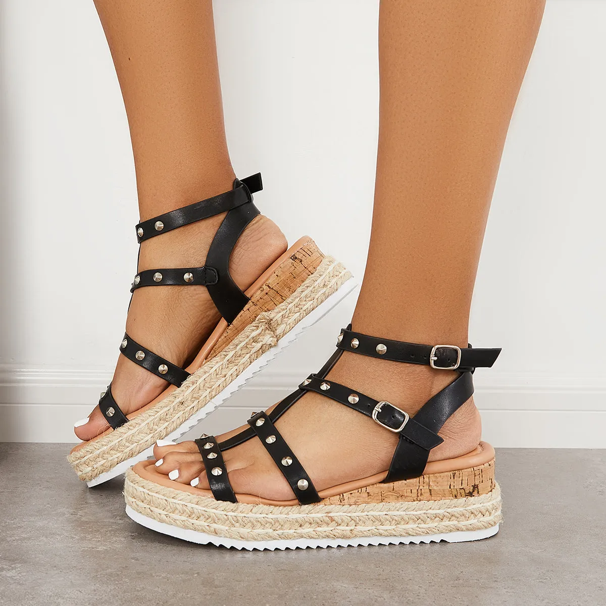 Sohiwoo Women Studded Platform Wedges Espadrille Ankle T-Strap Sandals