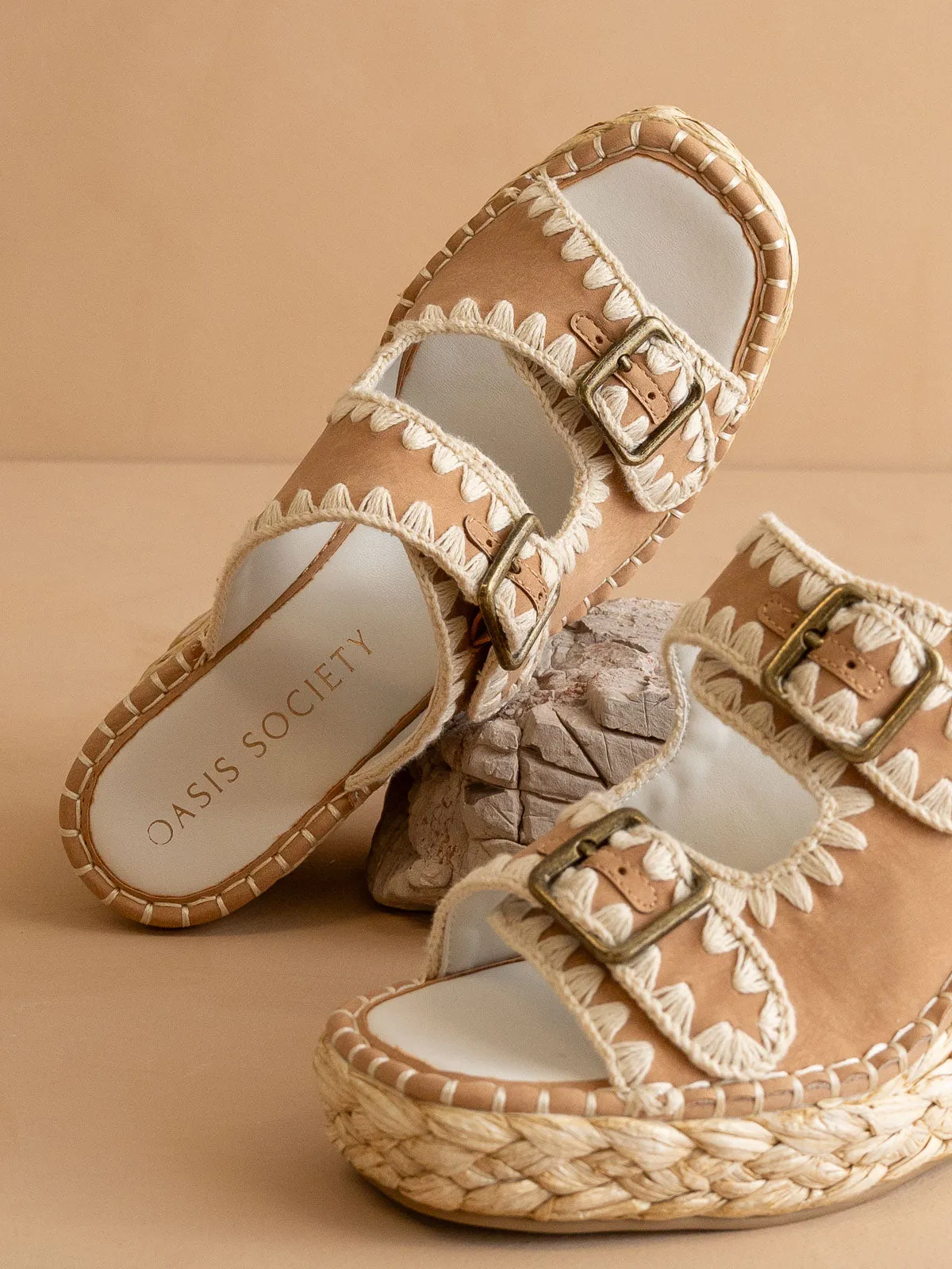 The Rae | Camel Embroidered Espadrille Wedges With Double Buckle Straps