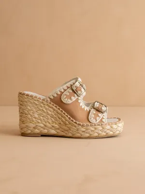 The Rae | Camel Embroidered Espadrille Wedges With Double Buckle Straps