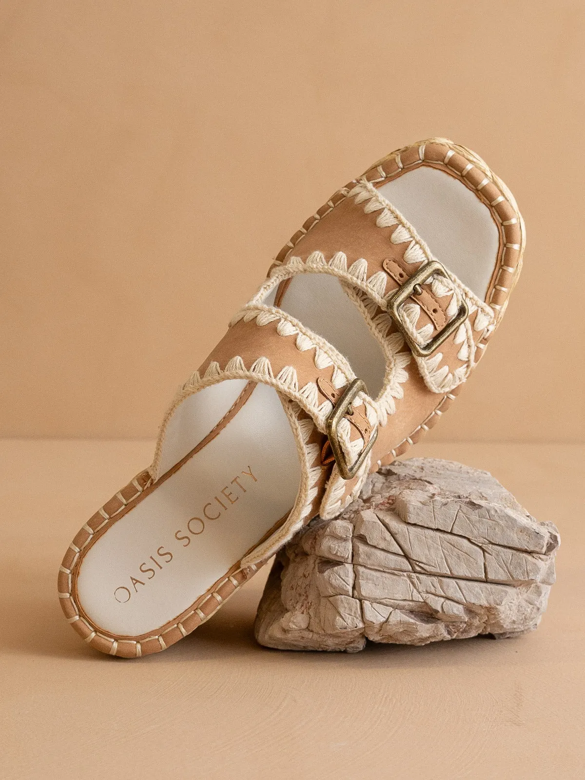 The Rae | Camel Embroidered Espadrille Wedges With Double Buckle Straps