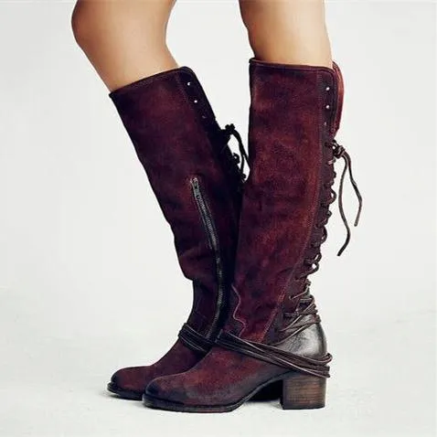 Women chunky heel back lace up knee high boots