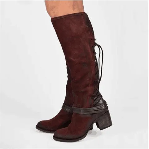 Women chunky heel back lace up knee high boots