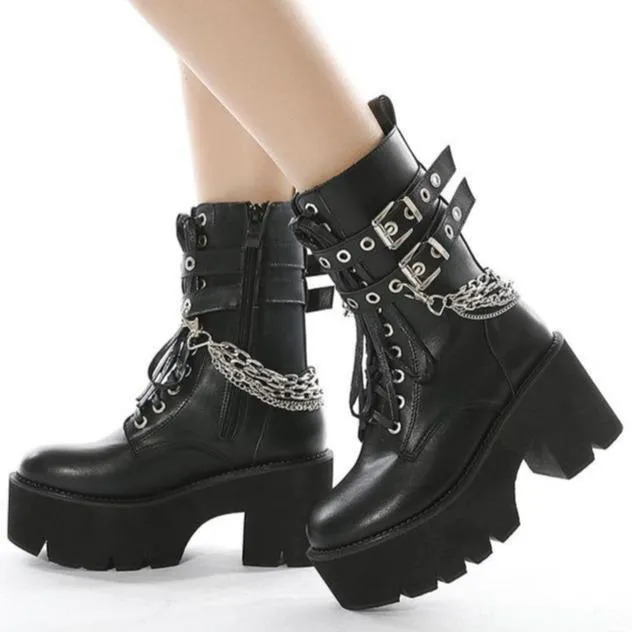 Women chunky platform chain buckle strap motorcycle boots