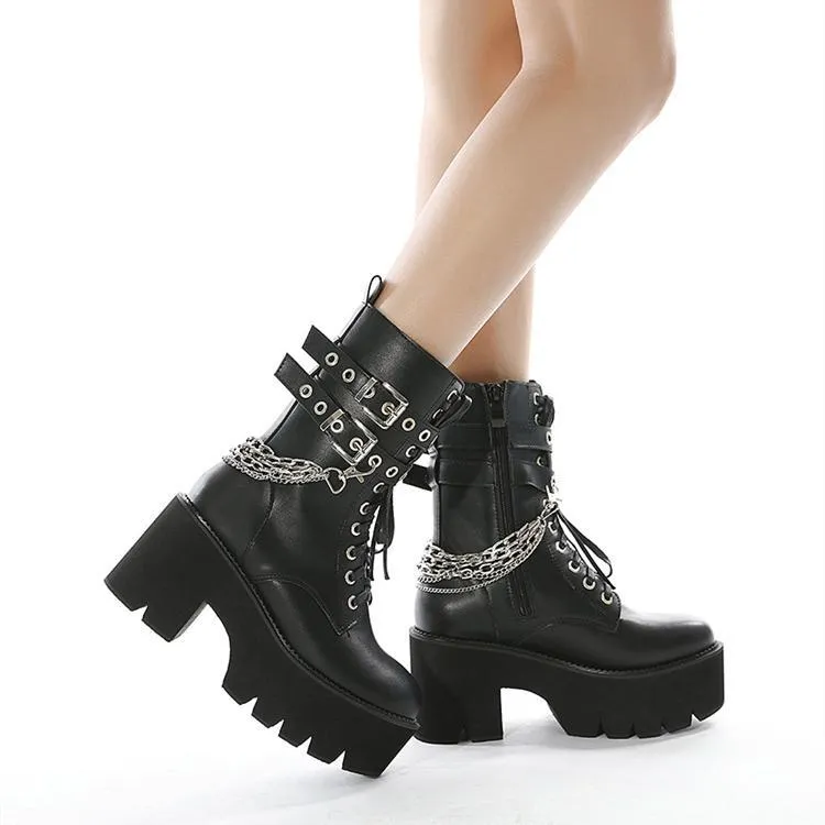 Women chunky platform chain buckle strap motorcycle boots