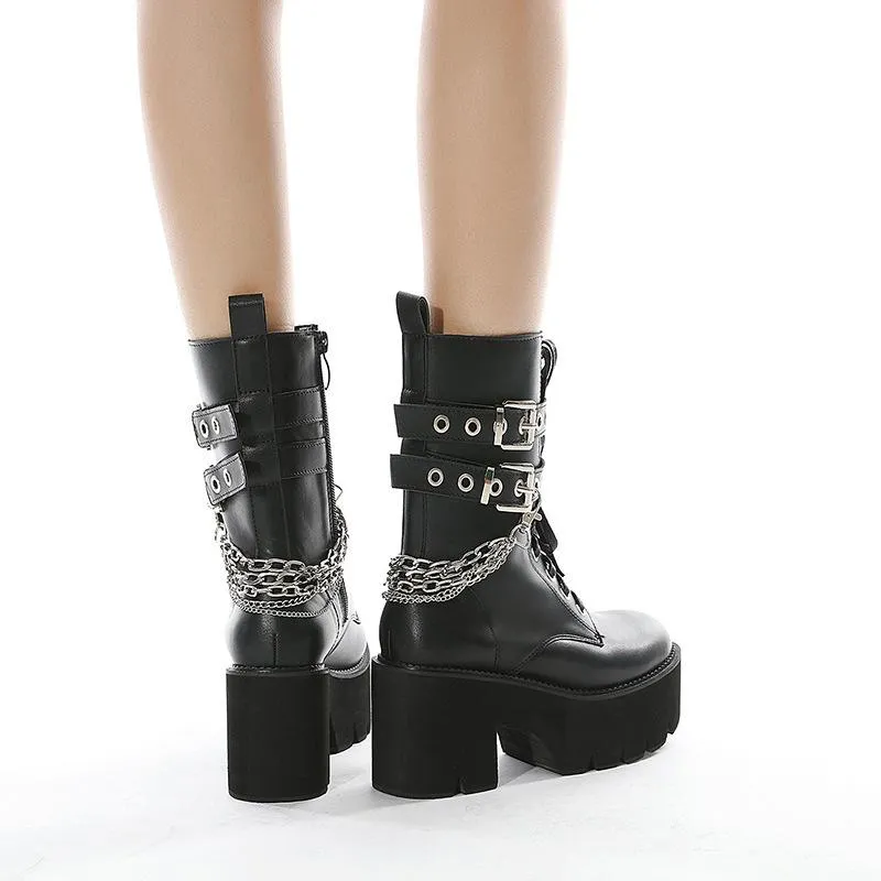 Women chunky platform chain buckle strap motorcycle boots