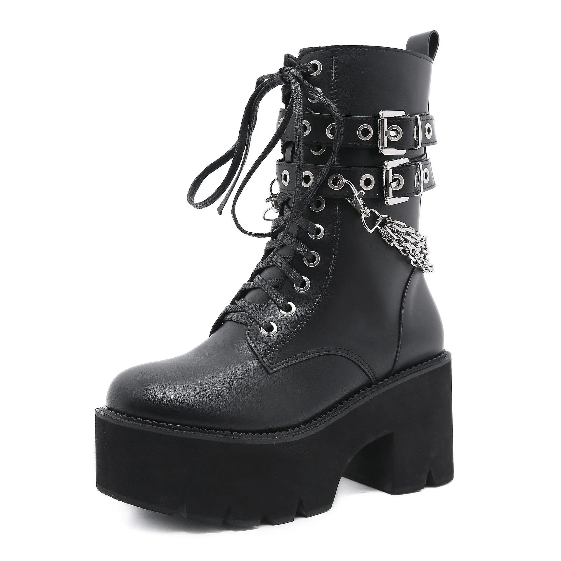 Women chunky platform chain buckle strap motorcycle boots