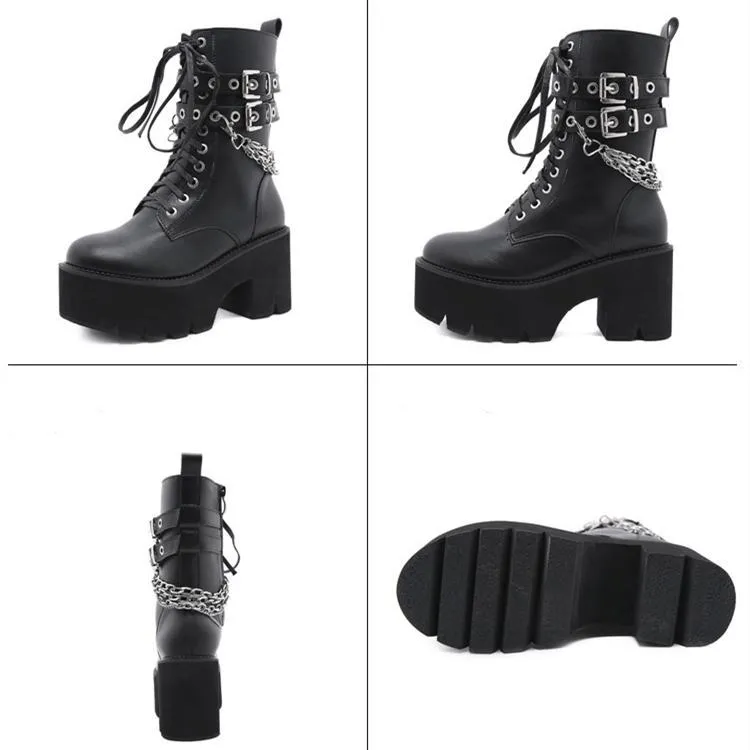 Women chunky platform chain buckle strap motorcycle boots