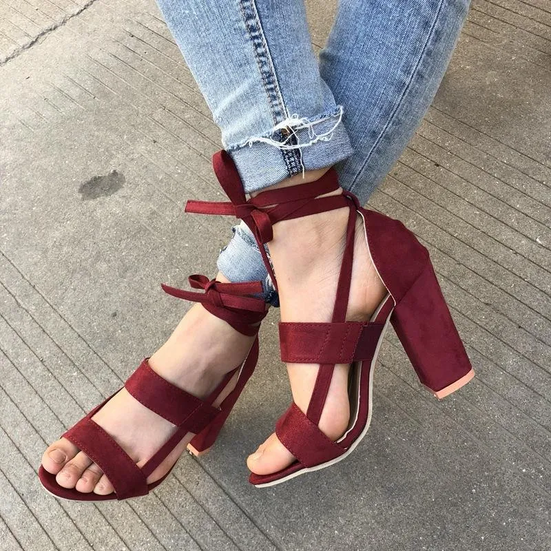 Women criss cross strappy lace up peep toe chunky heels