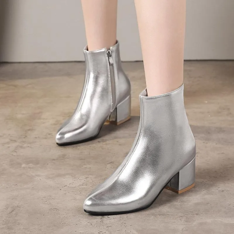 Women fashion solid color chunky heel side zipper ankle boots