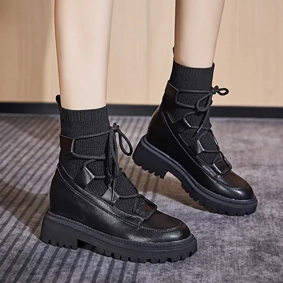 Women knit chunky heel platform lace up black short motorcycle boots