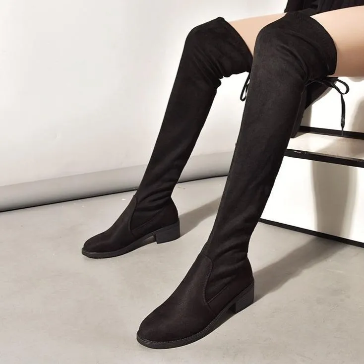 Women's elastic thigh high black boots plush lining knee high boots