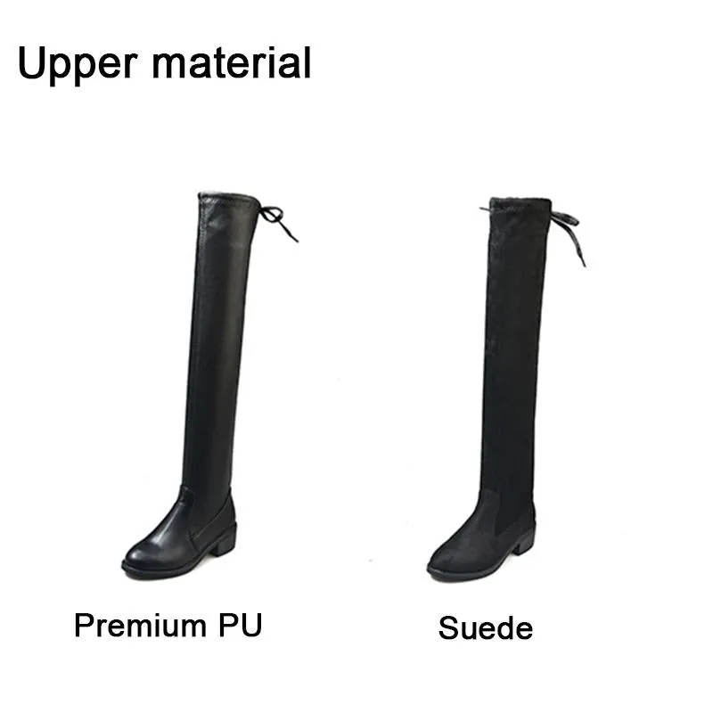 Women's elastic thigh high black boots plush lining knee high boots