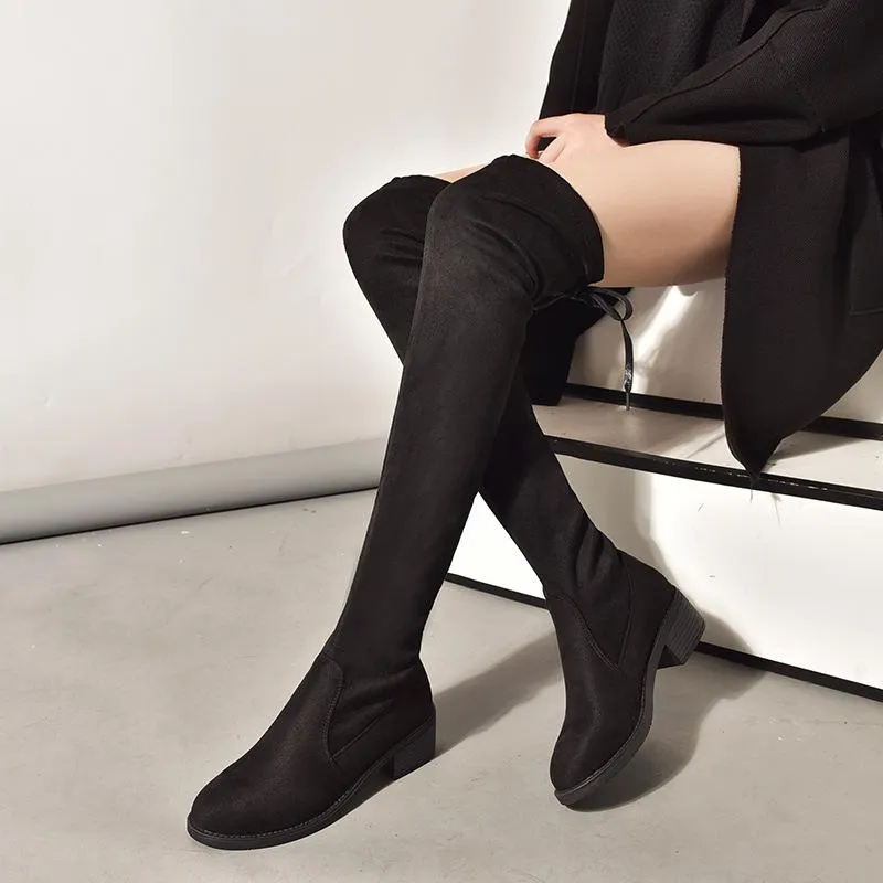 Women's elastic thigh high black boots plush lining knee high boots