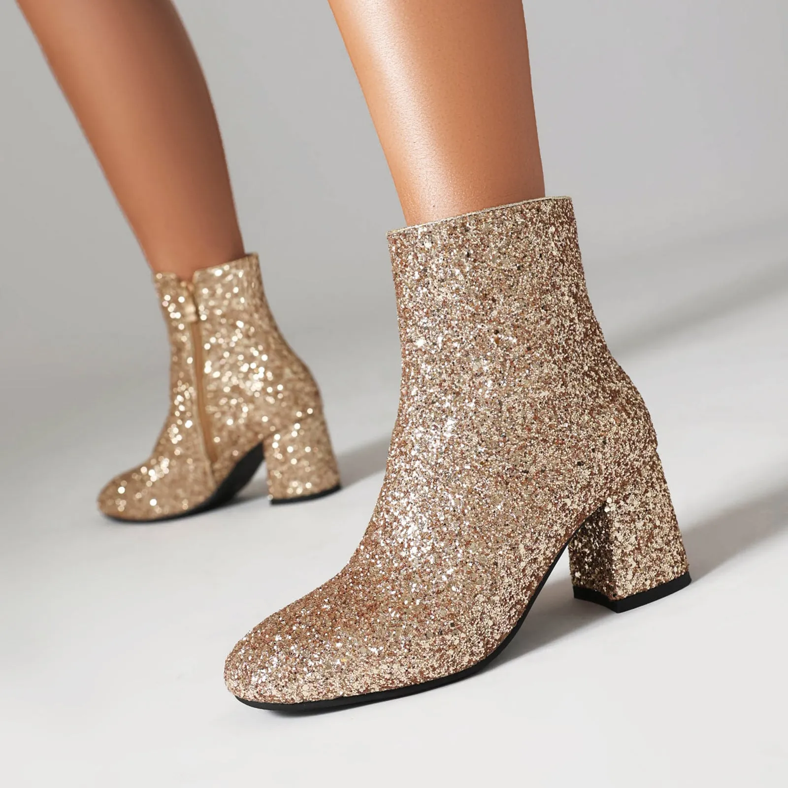 Women's Luxury Glitter Block Heel Ankle Boots For Wedding And Party