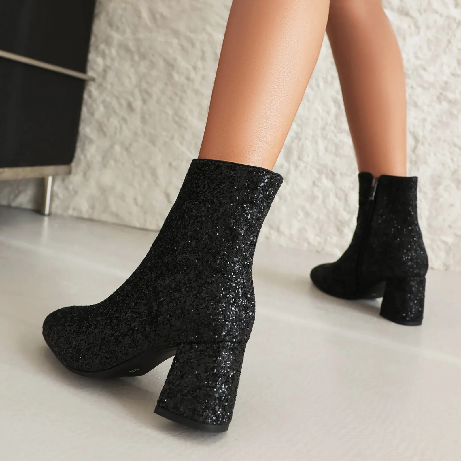 Women's Luxury Glitter Block Heel Ankle Boots For Wedding And Party