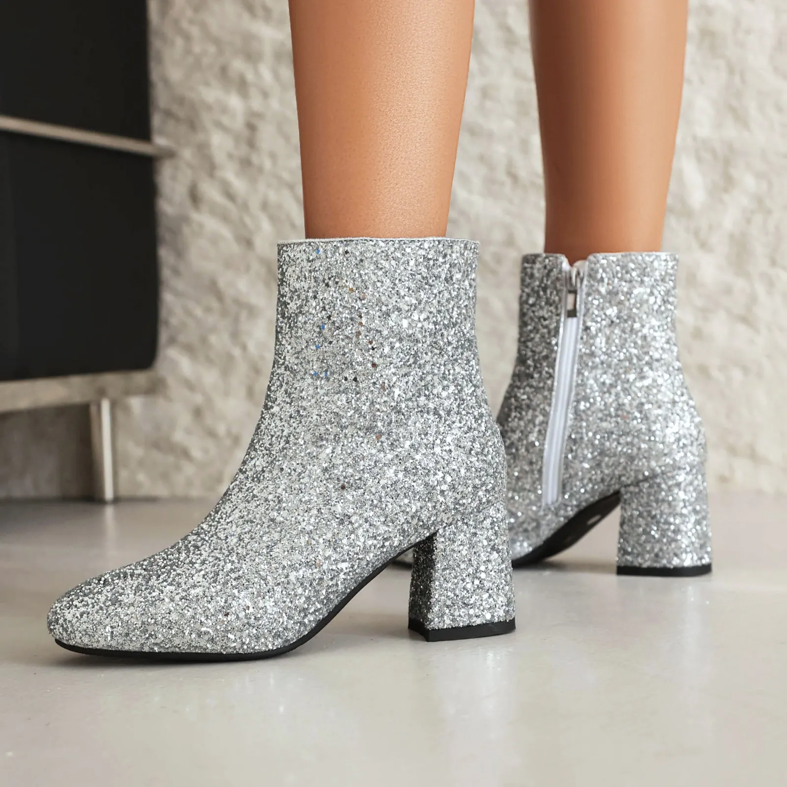 Women's Luxury Glitter Block Heel Ankle Boots For Wedding And Party