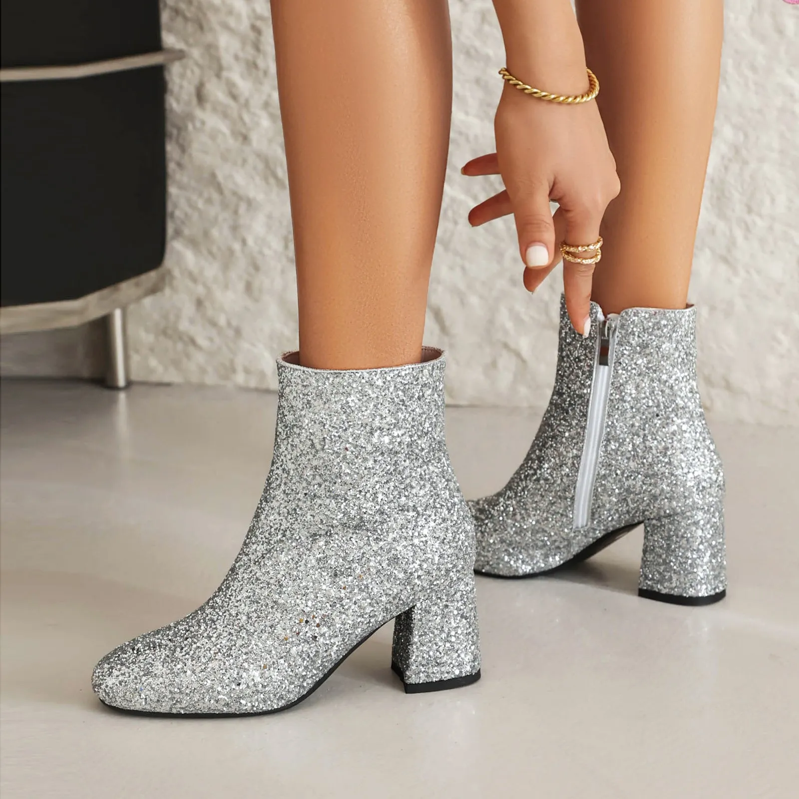 Women's Luxury Glitter Block Heel Ankle Boots For Wedding And Party