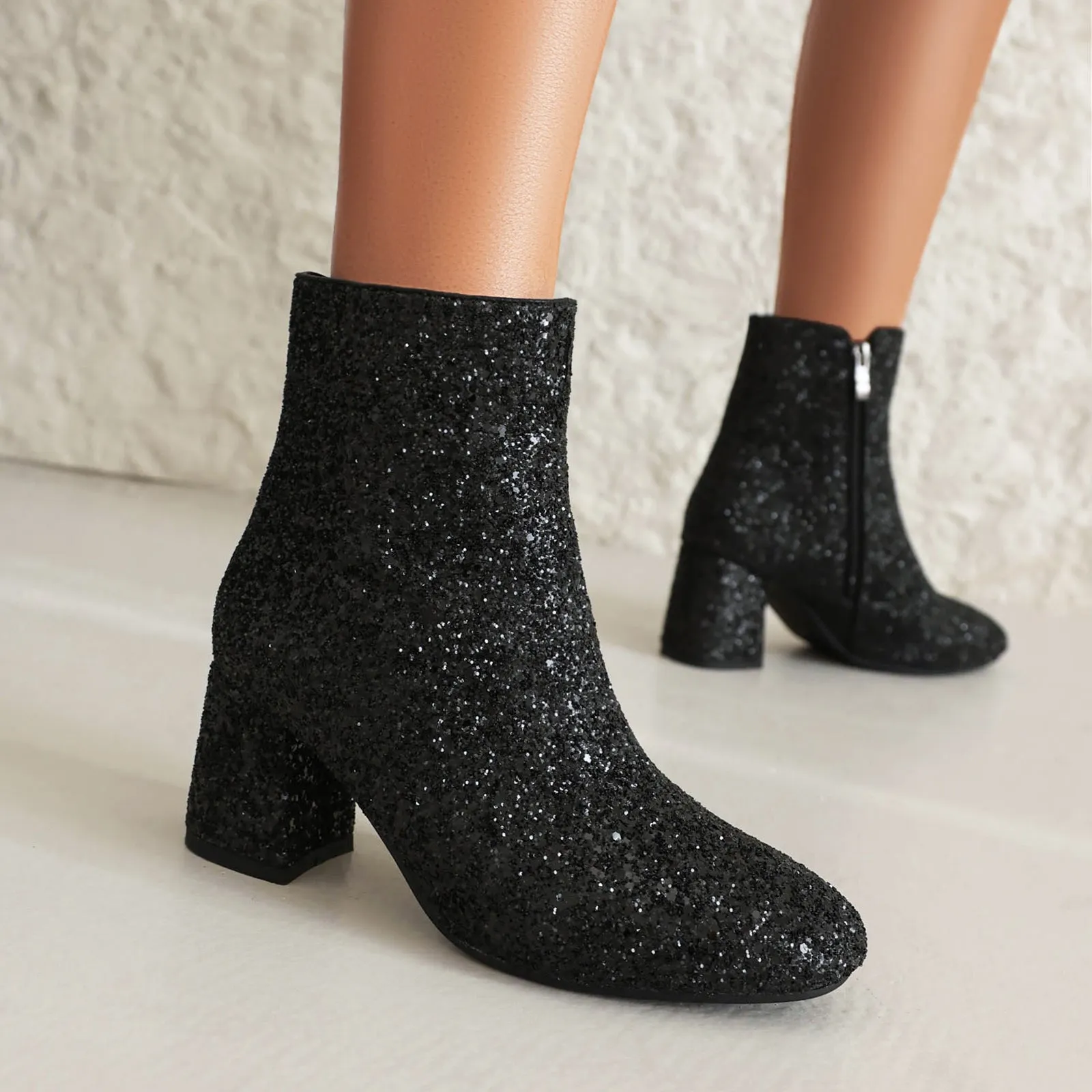 Women's Luxury Glitter Block Heel Ankle Boots For Wedding And Party