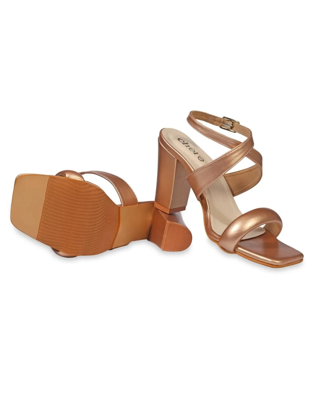 Women's Metallic Gold Cross Strap Chunky Block Heels