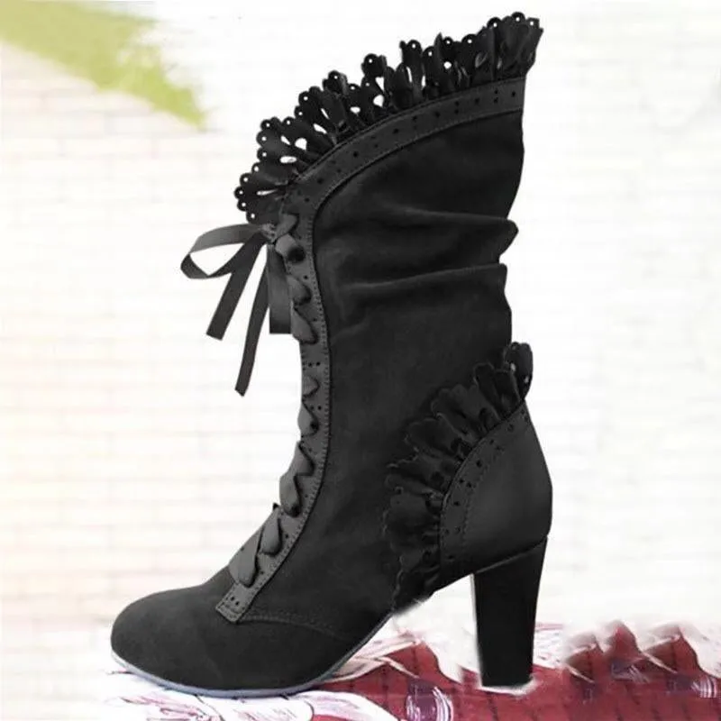 Women's ruffle trim mid calf boots heeled retro lace-up boots