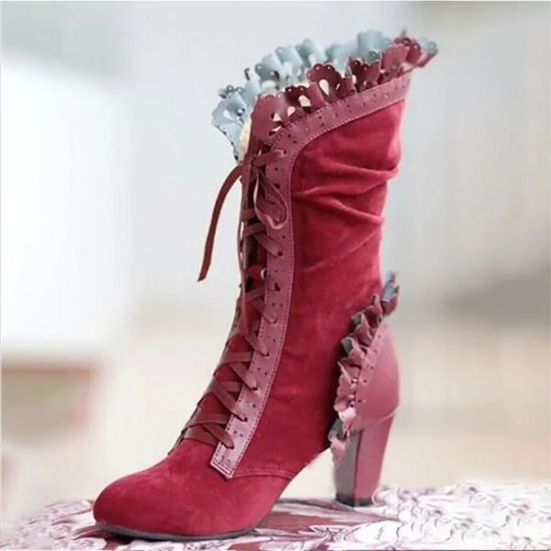 Women's ruffle trim mid calf boots heeled retro lace-up boots