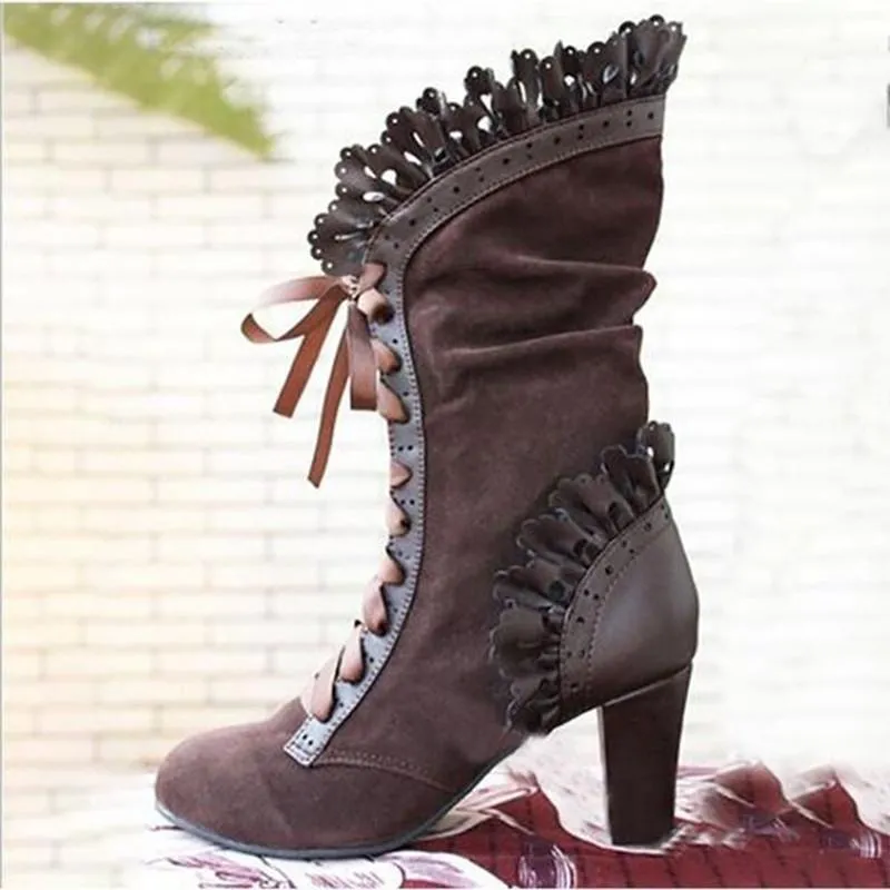 Women's ruffle trim mid calf boots heeled retro lace-up boots