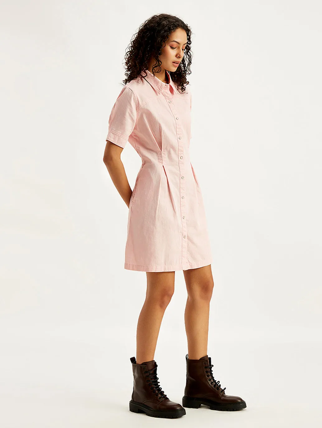 Women's Solid Light Pink Spread Collar Shirt Dress