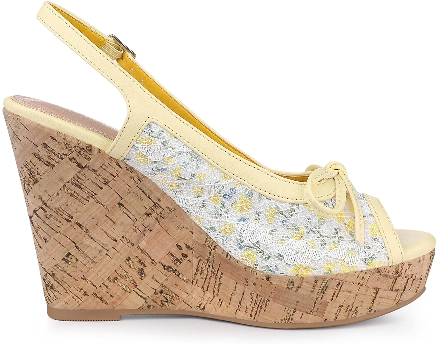 Yellow Floral Lace Platform Wedge Heel Sandals